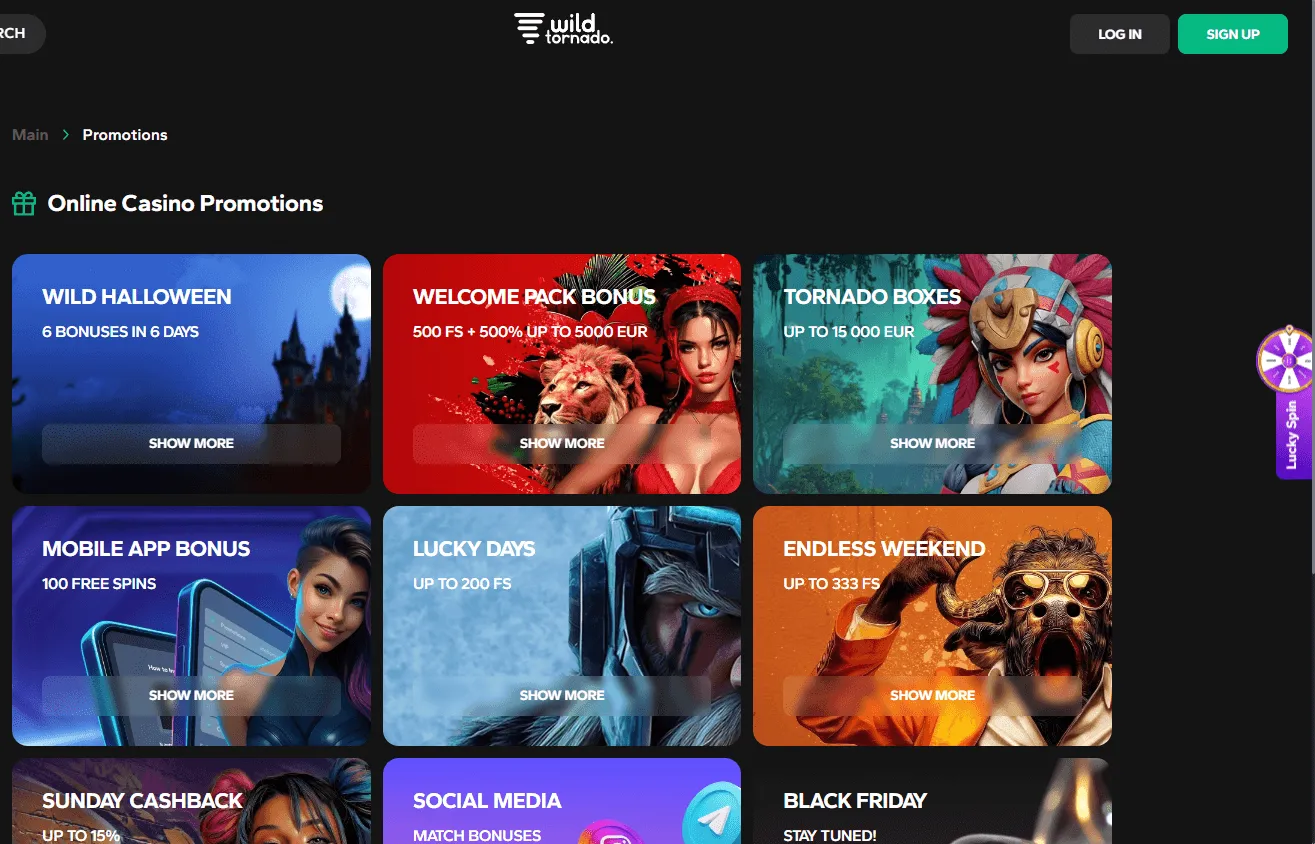 WildTornado Casino desktop promotions area