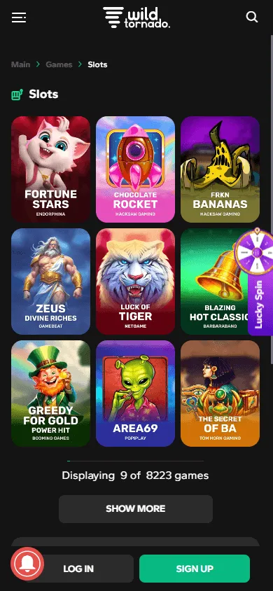 WildTornado Casino mobile games area