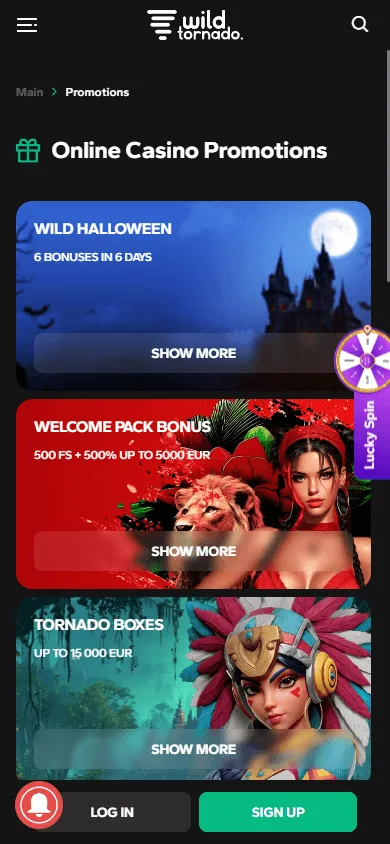 WildTornado Casino mobile promotions area